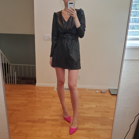 Zara * belted faux leather dress wrap mini black - Picture 3 of 9